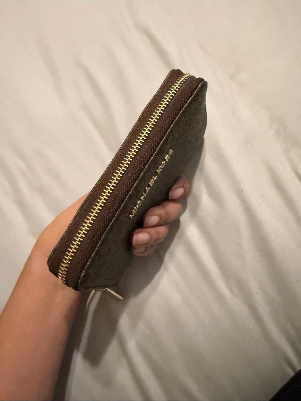 Michael Kors Brown MK Logo Zip Wallet with Gold Hardware